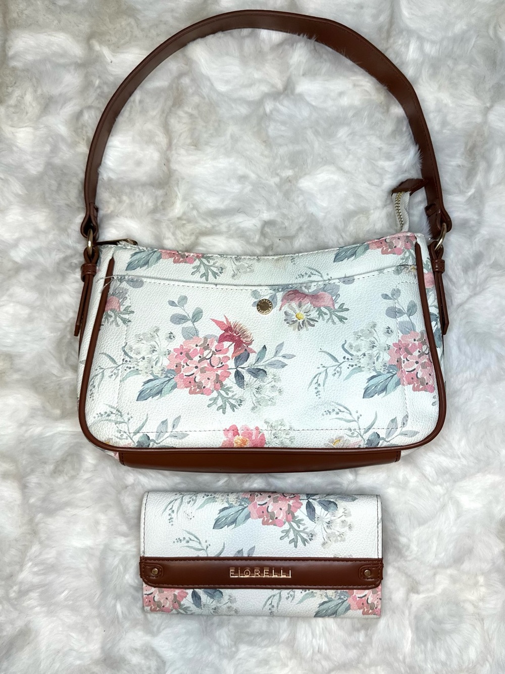 Two Piece Set- Floral Print White & Brown Shoulder Bag & Wallet - Women’s